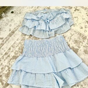 Blue Gingham Ruffle Top and Skirt Set